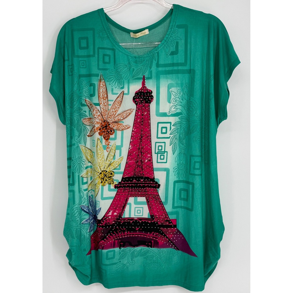 Fang Fang Green Eiffel Tower Rhinestone Graphic Tunic Top Relaxed Womens Sz OS